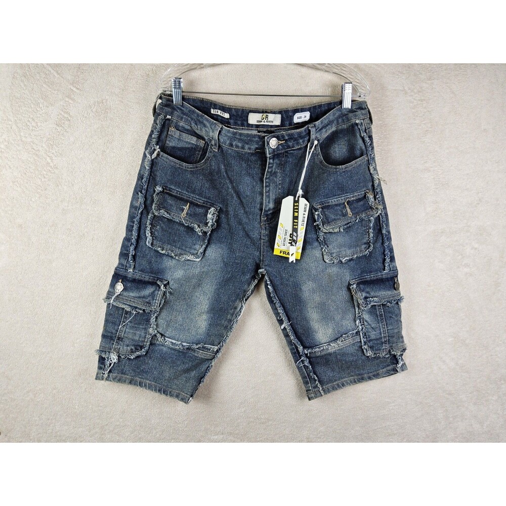 Denim & Rivets Men's Distressed Cargo Pocket Slim Fit Denim Shorts Size 36